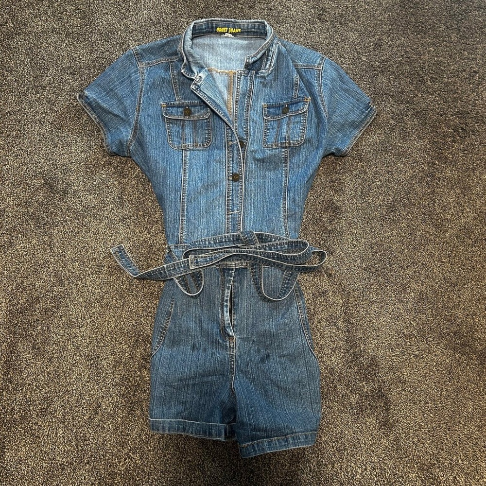 Vtg Crest Jeans Denim Romper Womens M Blue Excellent Short Sleeve Belted Y2K
